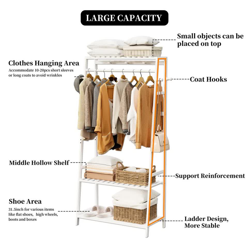 Large White Bamboo Garment Clothes Rack Shoes Coats Shelf w/ 3 Shelves & 10 Hook V767-ZJJ174-WT