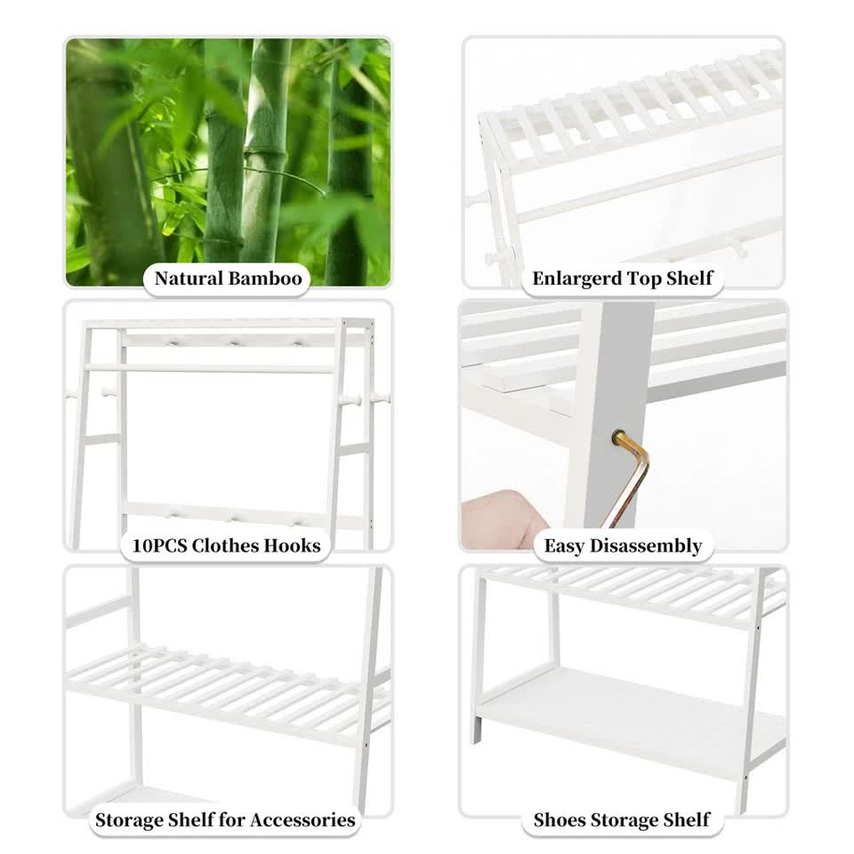 Large White Bamboo Garment Clothes Rack Shoes Coats Shelf w/ 3 Shelves & 10 Hook V767-ZJJ174-WT