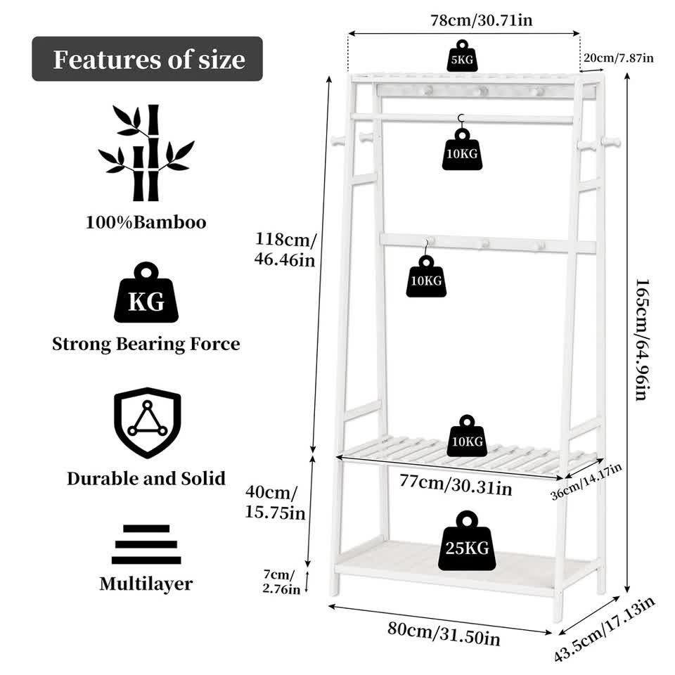 Large White Bamboo Garment Clothes Rack Shoes Coats Shelf w/ 3 Shelves & 10 Hook V767-ZJJ174-WT