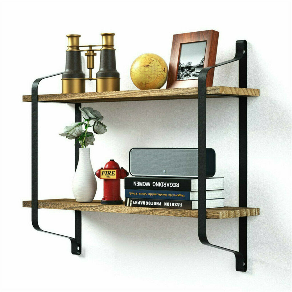 2 Layer Wood Wall Shelves Home Decor Floating Shelf Metal Hanging Storage Rack V767-ZJJ204