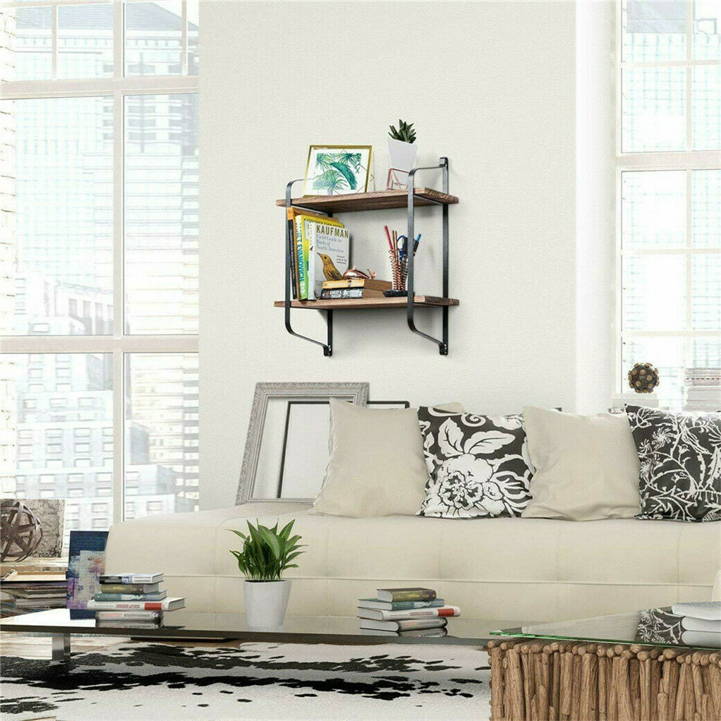 2 Layer Wood Wall Shelves Home Decor Floating Shelf Metal Hanging Storage Rack V767-ZJJ204