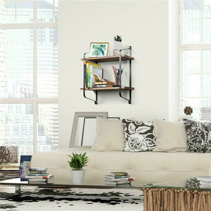 2 Layer Wood Wall Shelves Home Decor Floating Shelf Metal Hanging Storage Rack V767-ZJJ204