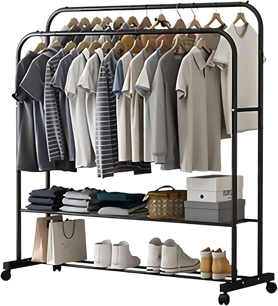 Heavy Thicken Metal Double Clothes Rail Sturdy Open Hanging Shelf Storage Rack V767-ZJJ211-BK-G3