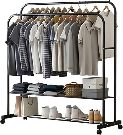 Heavy Thicken Metal Double Clothes Rail Sturdy Open Hanging Shelf Storage Rack V767-ZJJ211-BK-G3