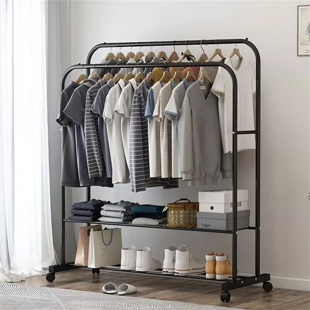Heavy Thicken Metal Double Clothes Rail Sturdy Open Hanging Shelf Storage Rack V767-ZJJ211-BK-G3