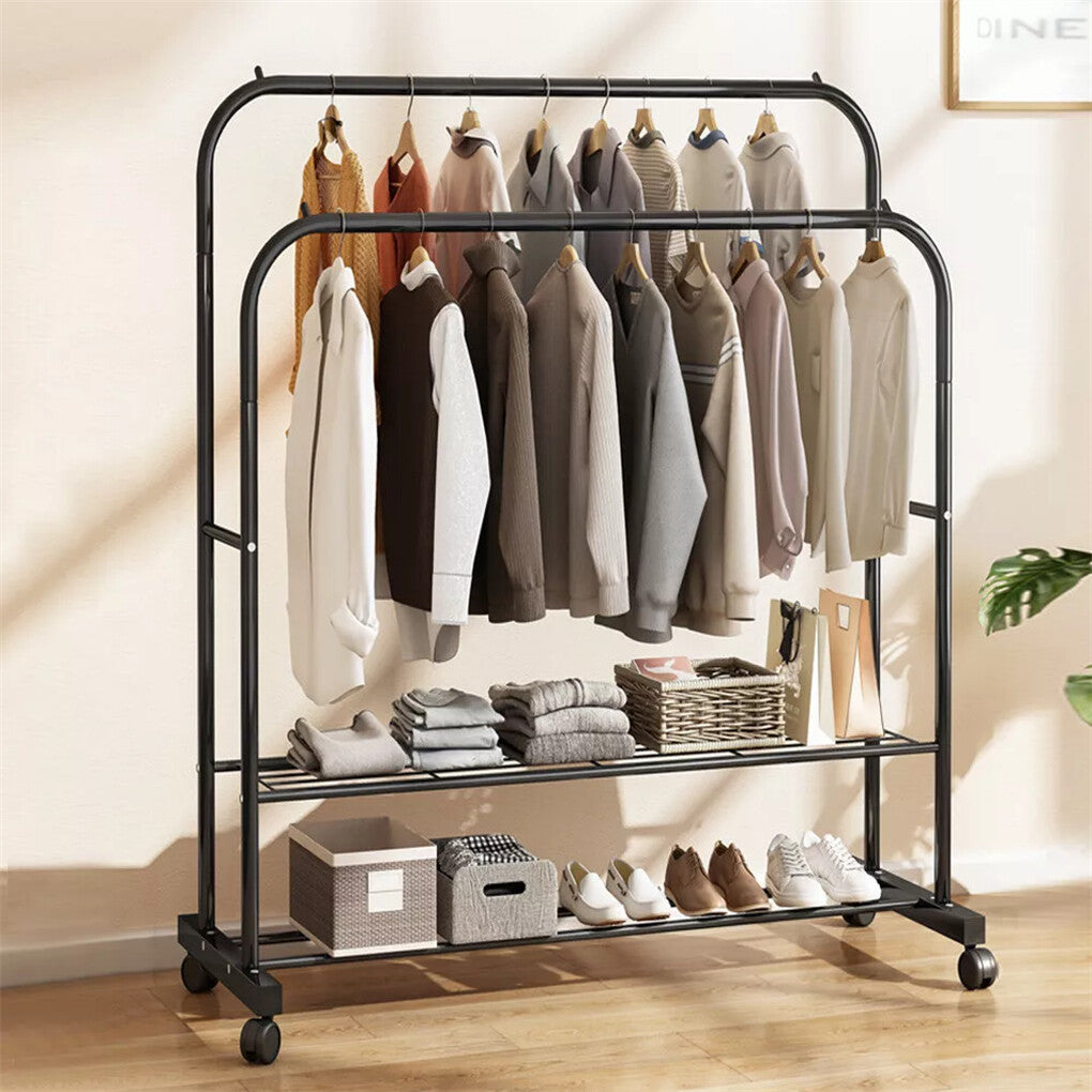 Heavy Thicken Metal Double Clothes Rail Sturdy Open Hanging Shelf Storage Rack V767-ZJJ211-BK-G3