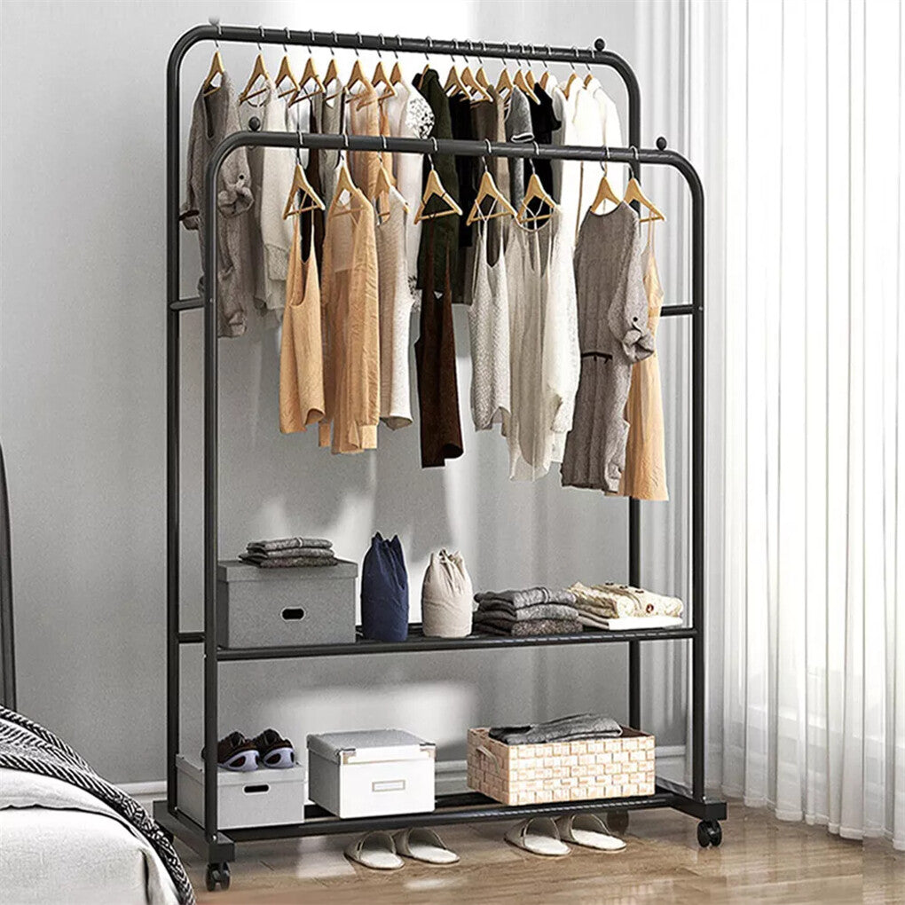 Heavy Thicken Metal Double Clothes Rail Sturdy Open Hanging Shelf Storage Rack V767-ZJJ211-BK-G3