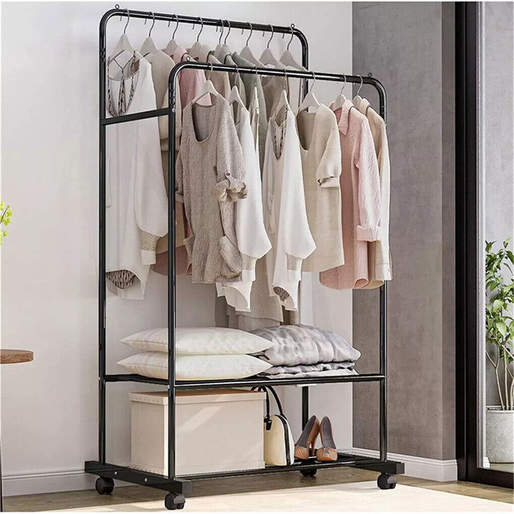 Heavy Thicken Metal Double Clothes Rail Sturdy Open Hanging Shelf Storage Rack V767-ZJJ211-BK-G3