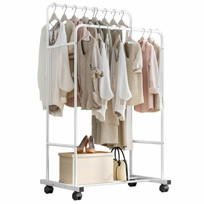 Heavy Duty Double Rail Garment Rack Rolling Clothes Rack 2Tier Storage Shelf V767-ZJJ211-WT-G3