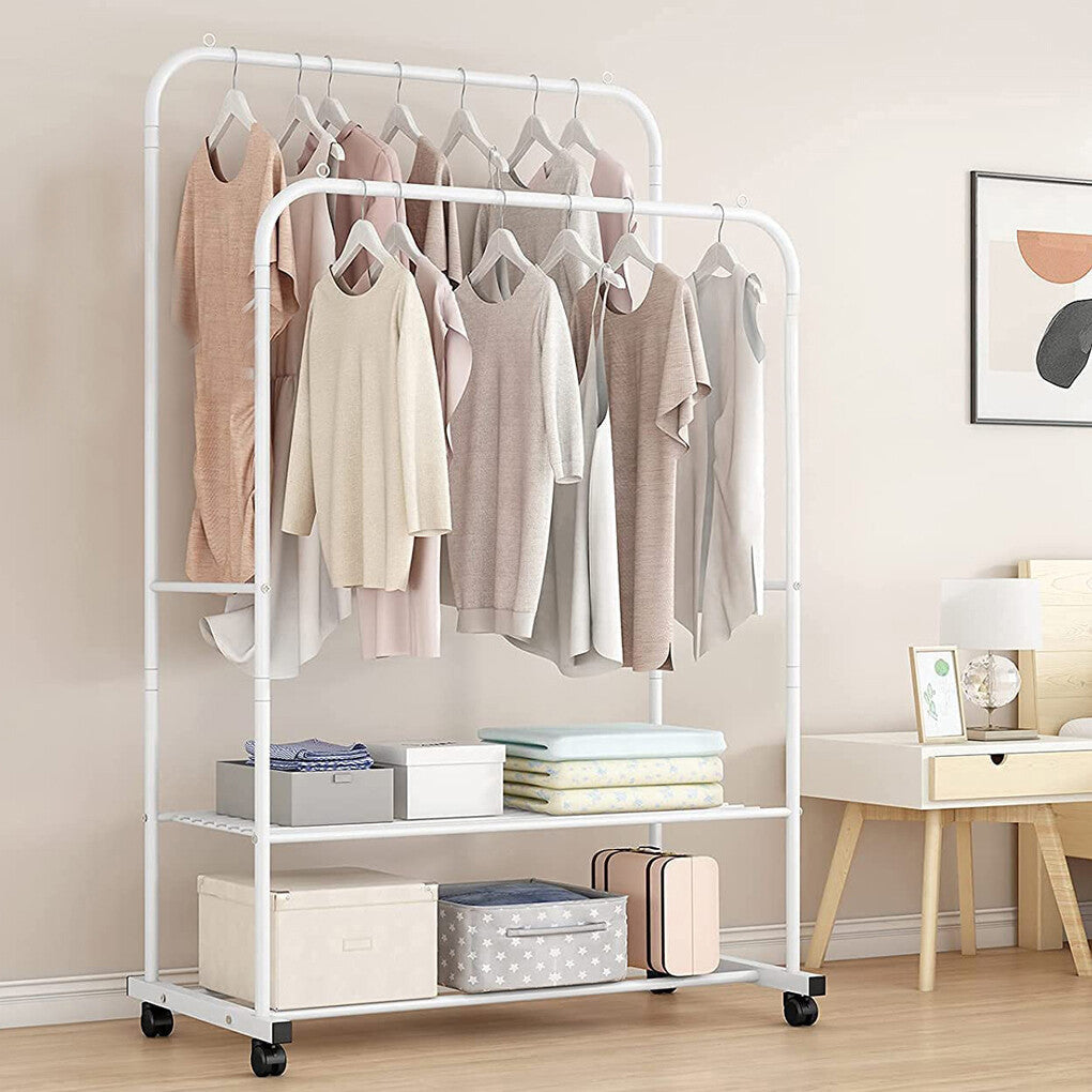 Heavy Duty Double Rail Garment Rack Rolling Clothes Rack 2Tier Storage Shelf V767-ZJJ211-WT-G3