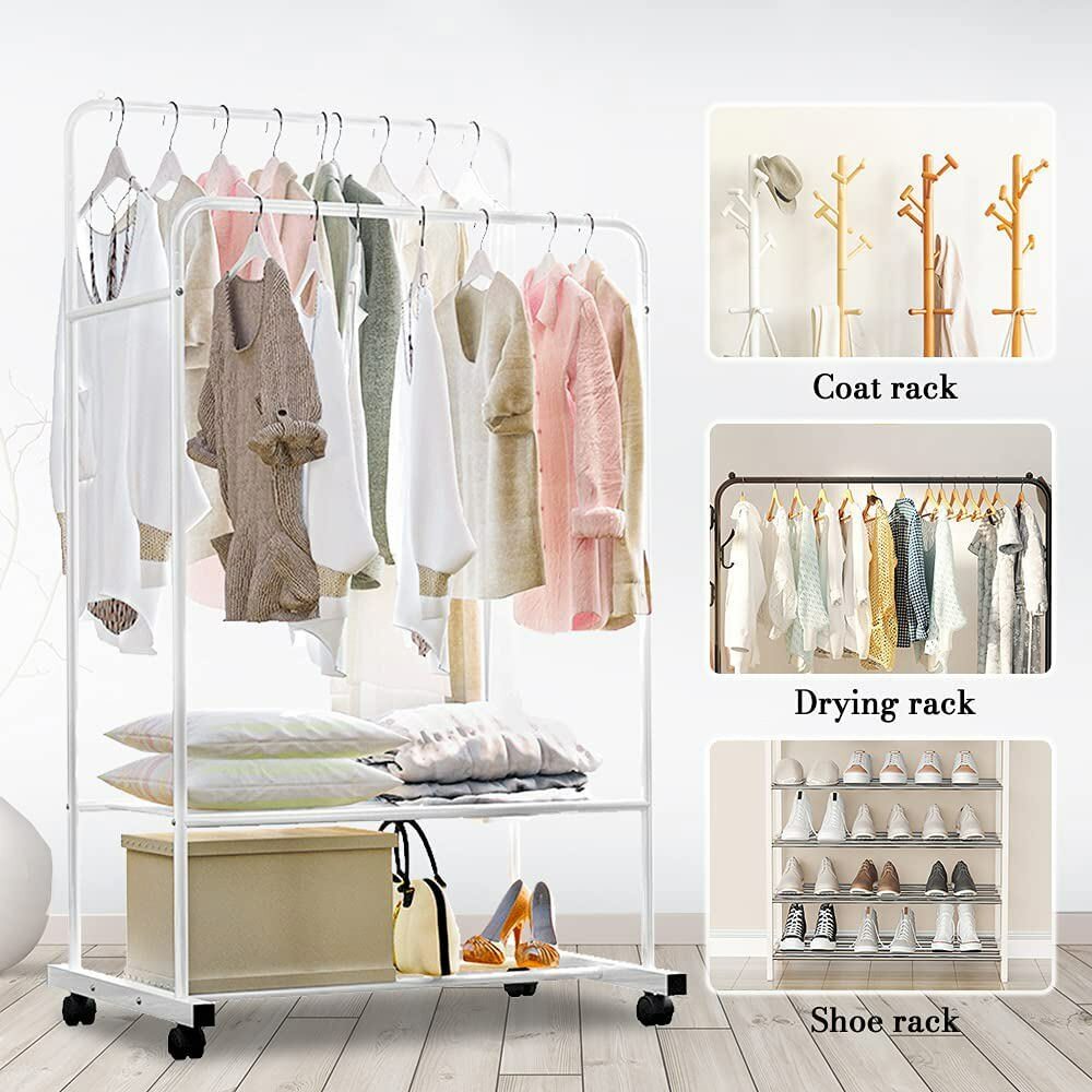 Heavy Duty Double Rail Garment Rack Rolling Clothes Rack 2Tier Storage Shelf V767-ZJJ211-WT-G3