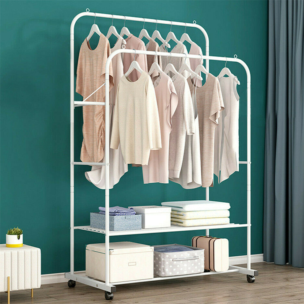Heavy Duty Double Rail Garment Rack Rolling Clothes Rack 2Tier Storage Shelf V767-ZJJ211-WT-G3
