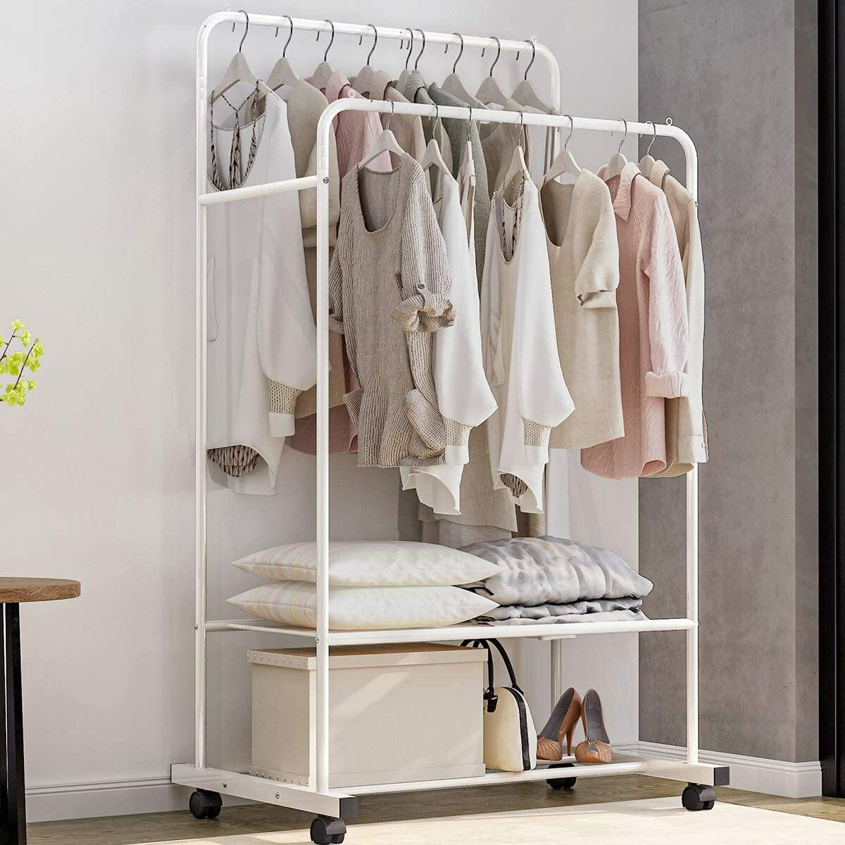 Heavy Duty Double Rail Garment Rack Rolling Clothes Rack 2Tier Storage Shelf V767-ZJJ211-WT-G3