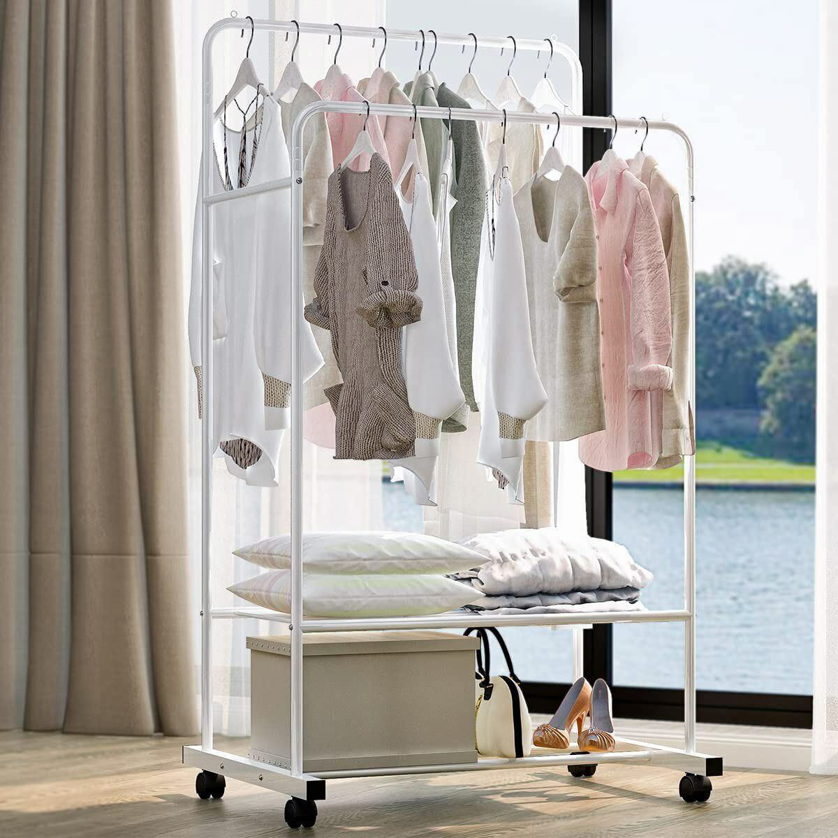 Heavy Duty Double Rail Garment Rack Rolling Clothes Rack 2Tier Storage Shelf V767-ZJJ211-WT-G3