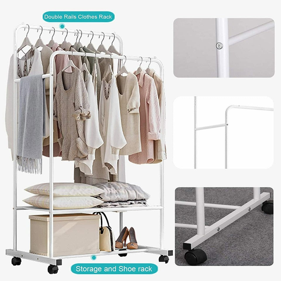 Heavy Duty Double Rail Garment Rack Rolling Clothes Rack 2Tier Storage Shelf V767-ZJJ211-WT-G3
