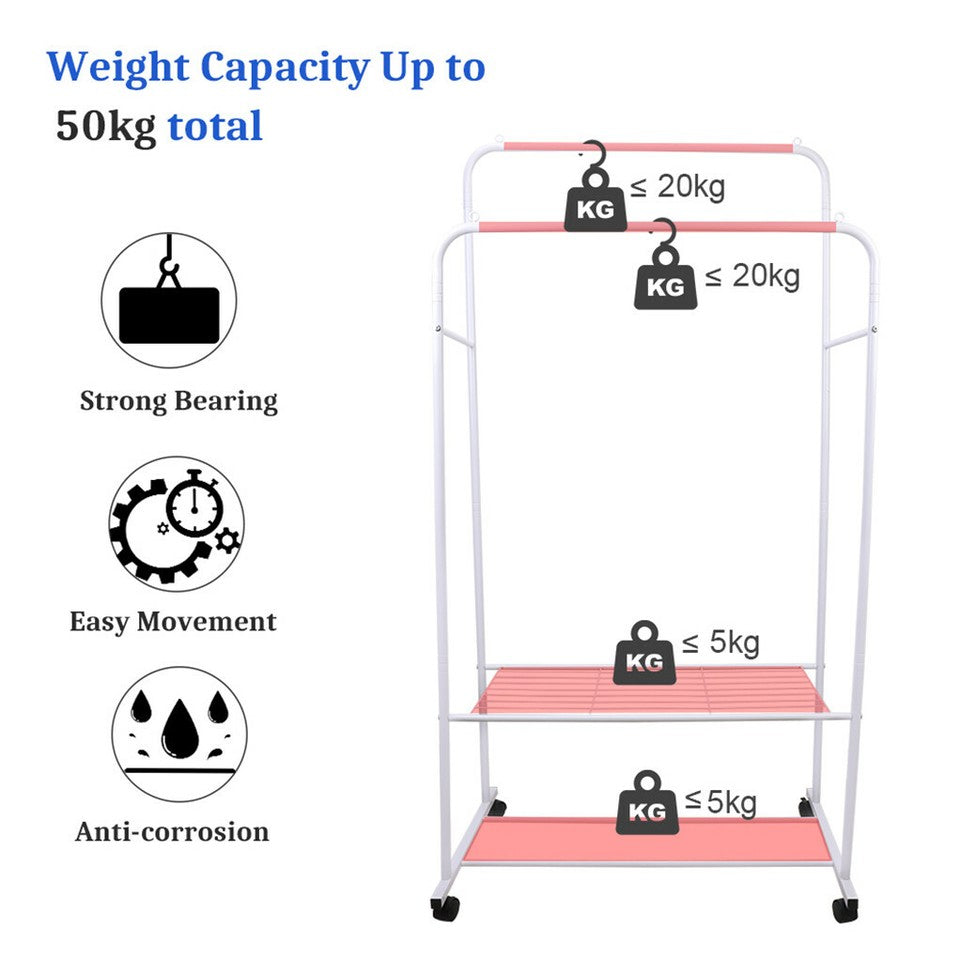 Heavy Duty Double Rail Garment Rack Rolling Clothes Rack 2Tier Storage Shelf V767-ZJJ211-WT-G3