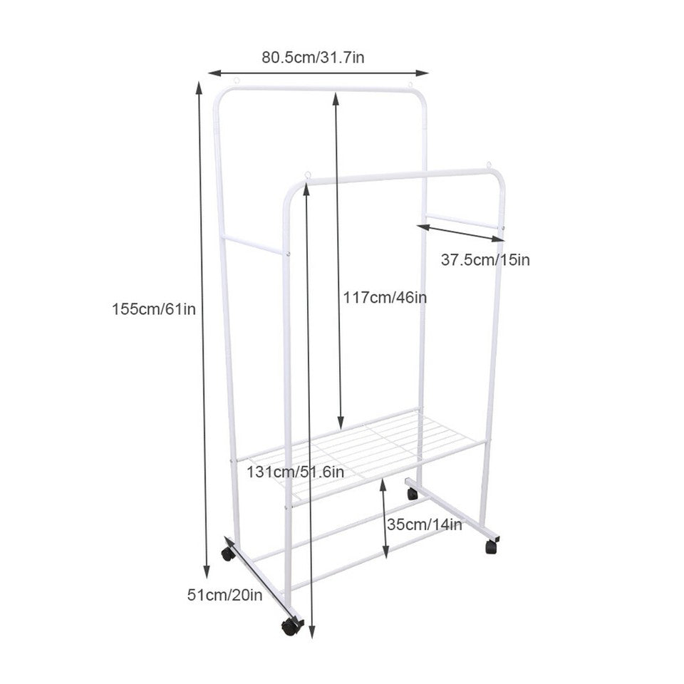 Heavy Duty Double Rail Garment Rack Rolling Clothes Rack 2Tier Storage Shelf V767-ZJJ211-WT-G3
