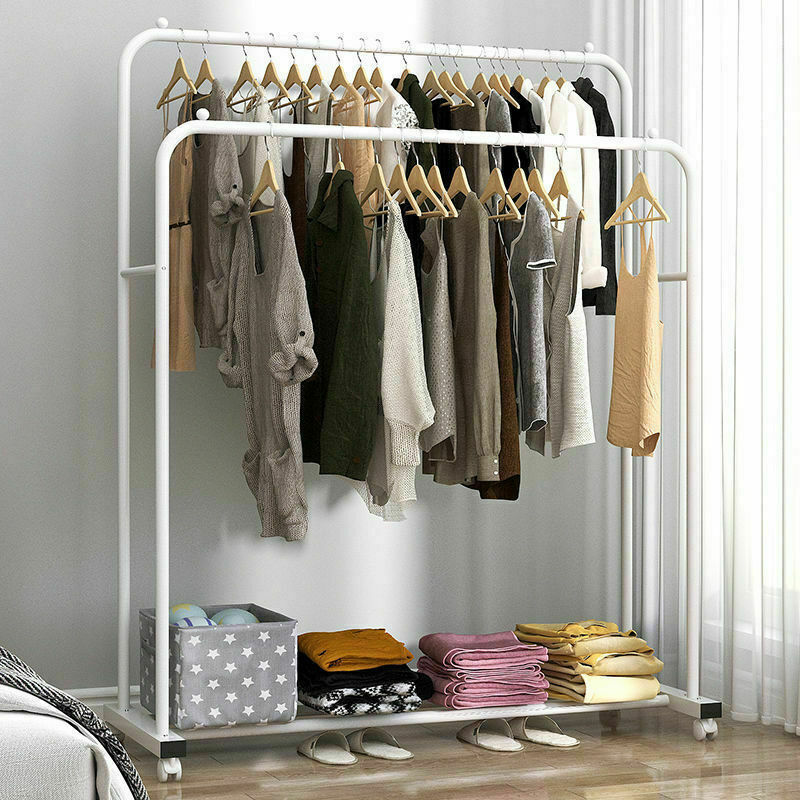 Heavy Duty Double Clothes Rail Rack Garment Hanging Display Stand 4 Wheel Armoir V767-ZJJ215-WT-G3