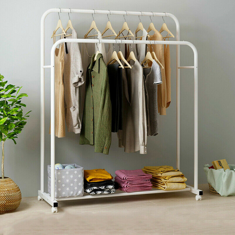 Heavy Duty Double Clothes Rail Rack Garment Hanging Display Stand 4 Wheel Armoir V767-ZJJ215-WT-G3