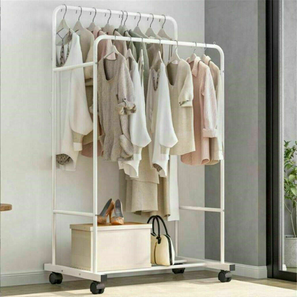 Heavy Duty Double Clothes Rail Rack Garment Hanging Display Stand 4 Wheel Armoir V767-ZJJ215-WT-G3