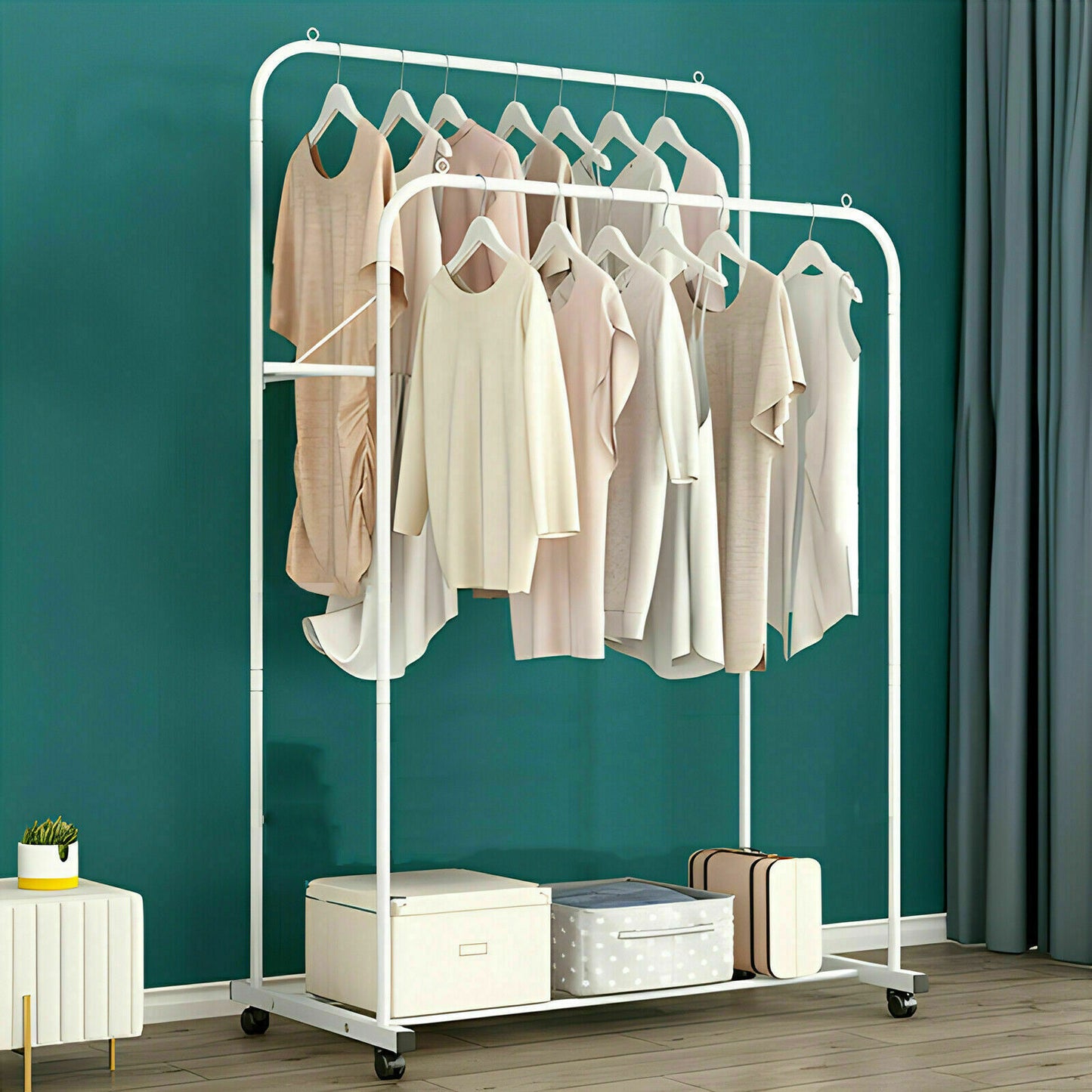 Heavy Duty Double Clothes Rail Rack Garment Hanging Display Stand 4 Wheel Armoir V767-ZJJ215-WT-G3