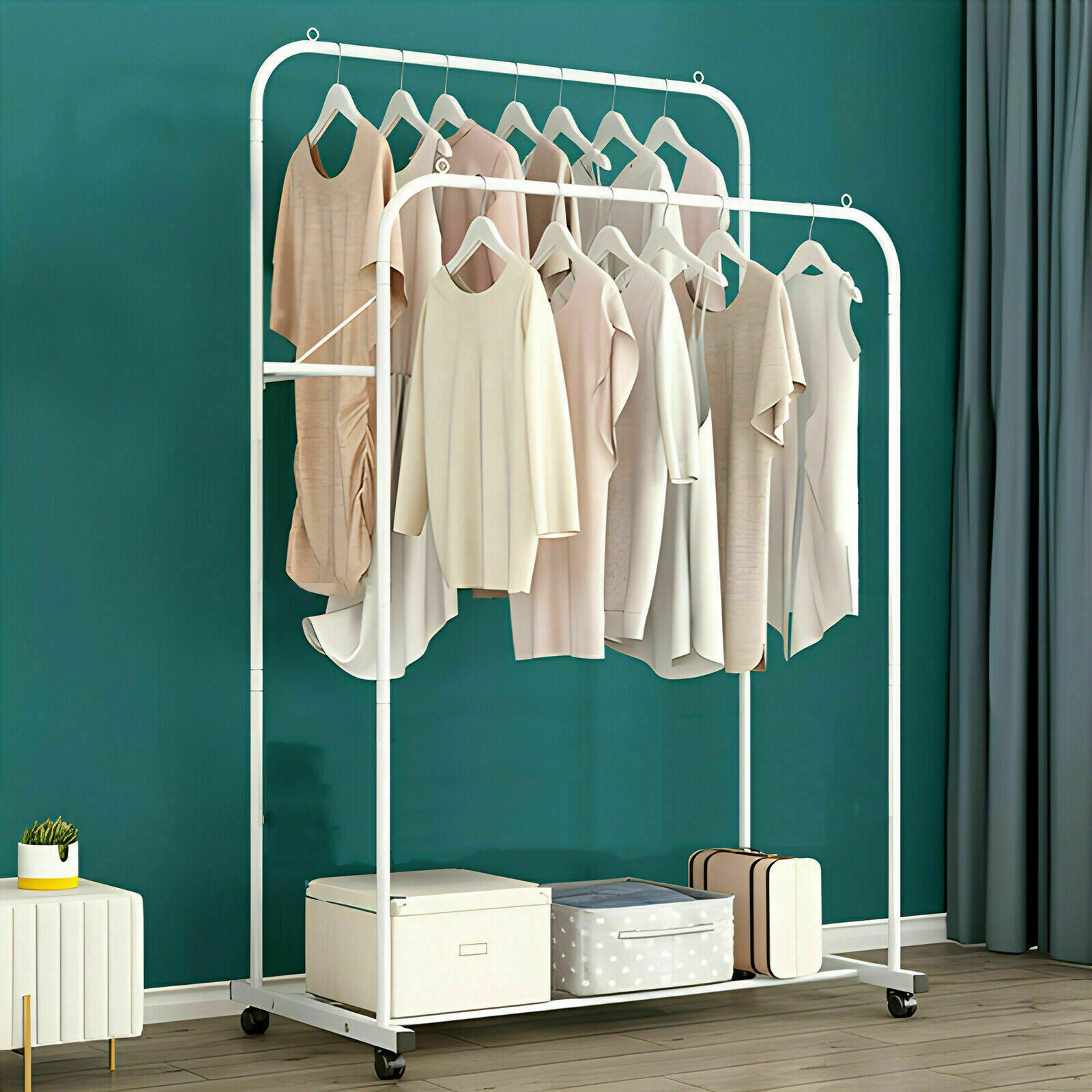 Heavy Duty Double Clothes Rail Rack Garment Hanging Display Stand 4 Wheel Armoir V767-ZJJ215-WT-G3