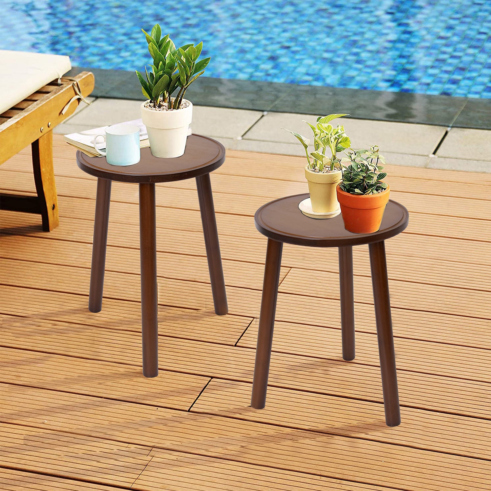 2Pcs Small Side Table Round End Table Wood Plant Stand Super Thick 3-Legs Stool V767-ZJJ461-G1