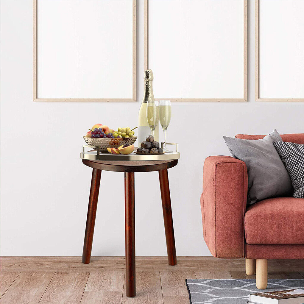 2Pcs Small Side Table Round End Table Wood Plant Stand Super Thick 3-Legs Stool V767-ZJJ461-G1