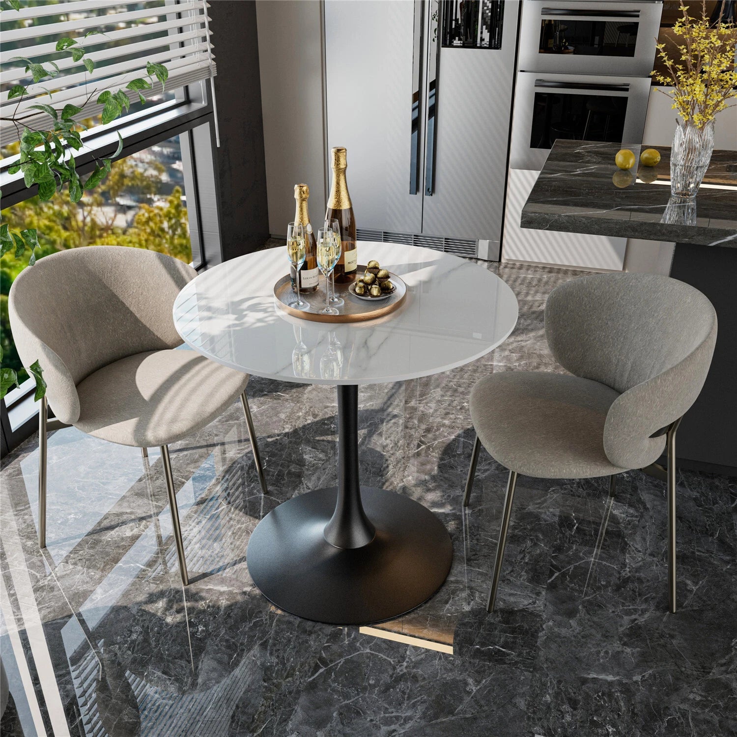 Round Stone Dining Table Anti-Scratch Easy Clean Table for Small Condo V767-ZT727GD-BL