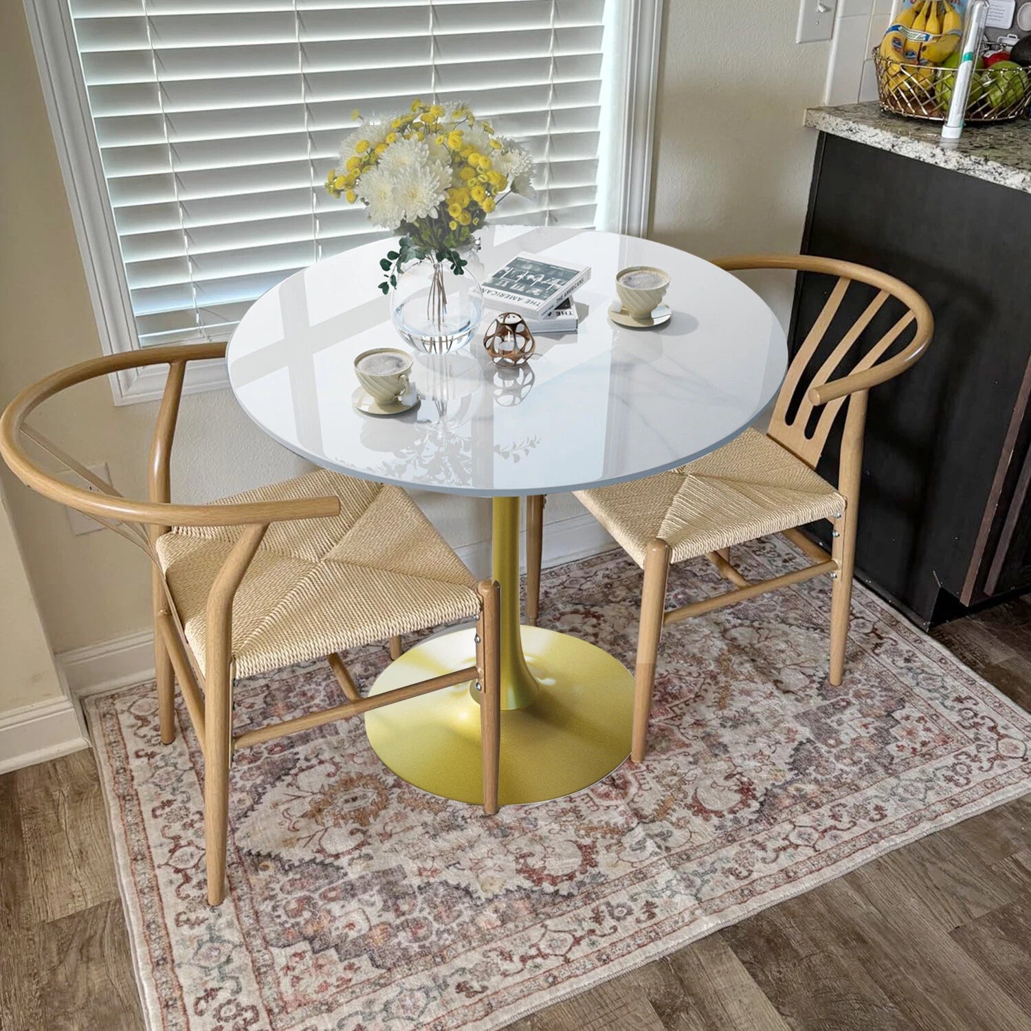 Round Real Stone Dining Table Anti-Scratch Easy Clean Table for Small Condo V767-ZT727GD-BLB