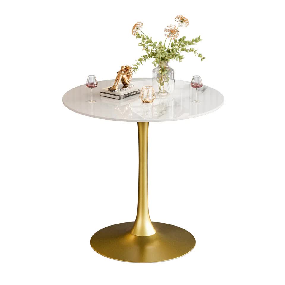 100cm Round High Bar Table Sintered Stone Top Bistro Pub Table White Top with Gold Legs V767-ZT729GD-BLB