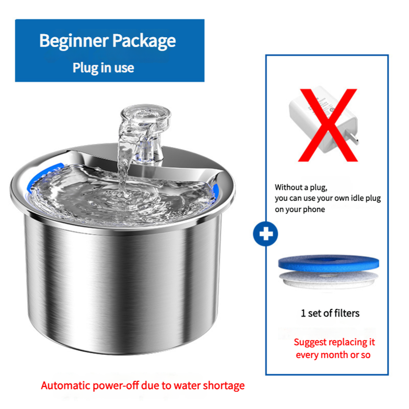 Beginner Package Stainless Steel Pet Water Fountain with Automatic Power-Off -Plug Not Included V888-ELOSUNG10109