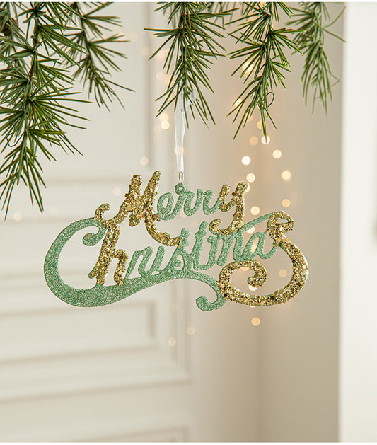 Green and Gold Glitter Merry Christmas Hanging Ornament -Festive Holiday Decoration 5 pieces V888-ELOSUNG10506
