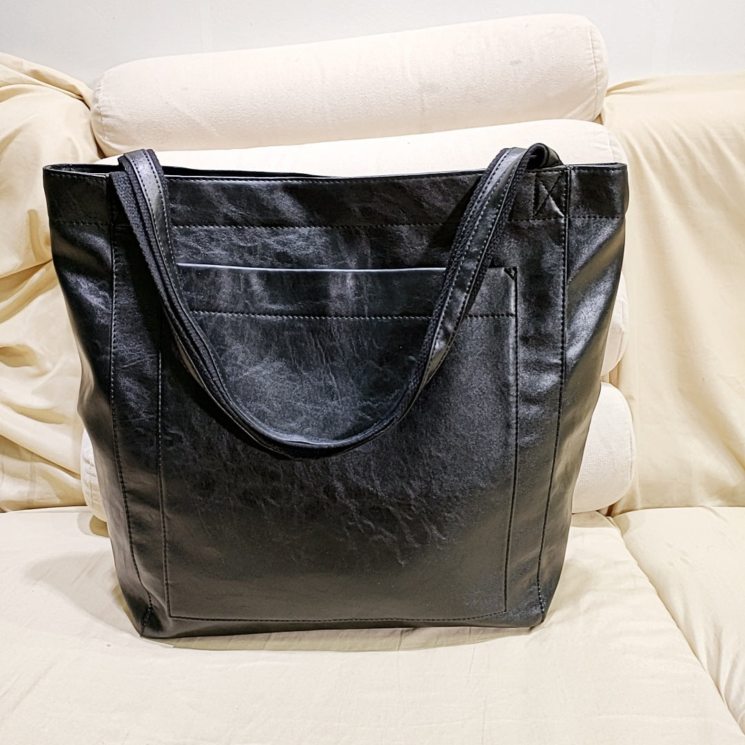 Vintage PU Leather Tote Bag - Stylish and Spacious Everyday Shoulder Bag (Black) V888-ELOSUNG10853