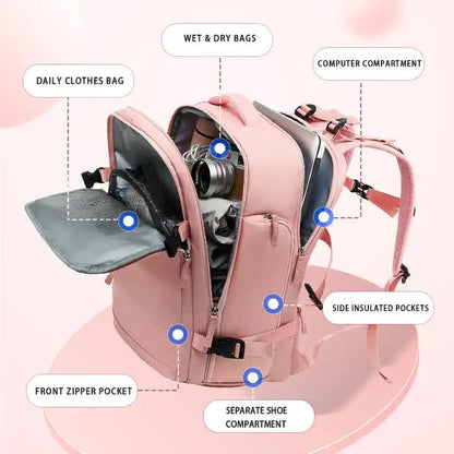Multi-Compartment Travel Backpack with Shoe Storage and Wet-Dry Separation (Pink)31cm(L)*17cm(W)*42cm(H) V888-ELOSUNG10937