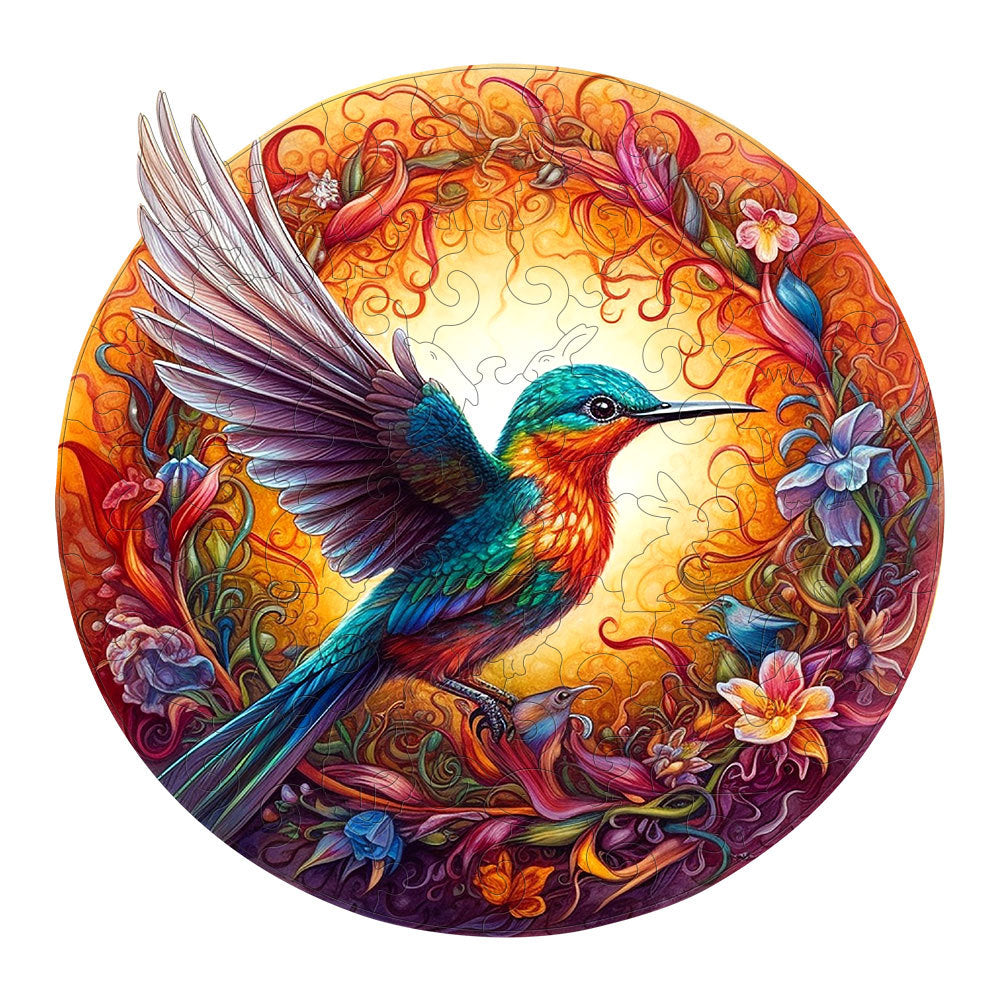 Round Hummingbird Wooden Puzzle - Vibrant Floral Design (M-paper box-H159) V888-ELOSUNG10957