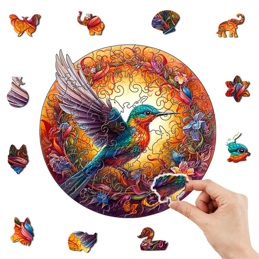 Round Hummingbird Wooden Puzzle - Vibrant Floral Design (M-paper box-H159) V888-ELOSUNG10957