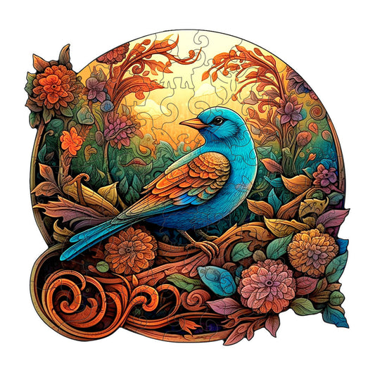 Colorful Bluebird Round Wooden Puzzle - Intricate Floral Art Design(L-paper box-H185) V888-ELOSUNG10973
