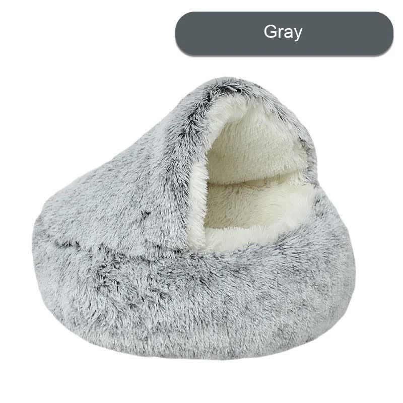 Cozy Gray Plush Hooded Pet Bed - Ultra Soft Long Fur Cave Bed for Small Pets 40cm V888-ELOSUNG11037