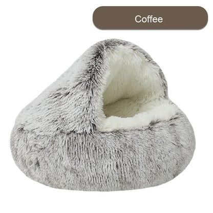 Cozy Coffee Plush Hooded Pet Bed - Ultra Soft Long Fur Cave Bed for Small Pets 50cm V888-ELOSUNG11041