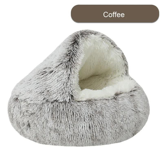 Cozy Coffee Plush Hooded Pet Bed - Ultra Soft Long Fur Cave Bed for Small Pets 50cm V888-ELOSUNG11041