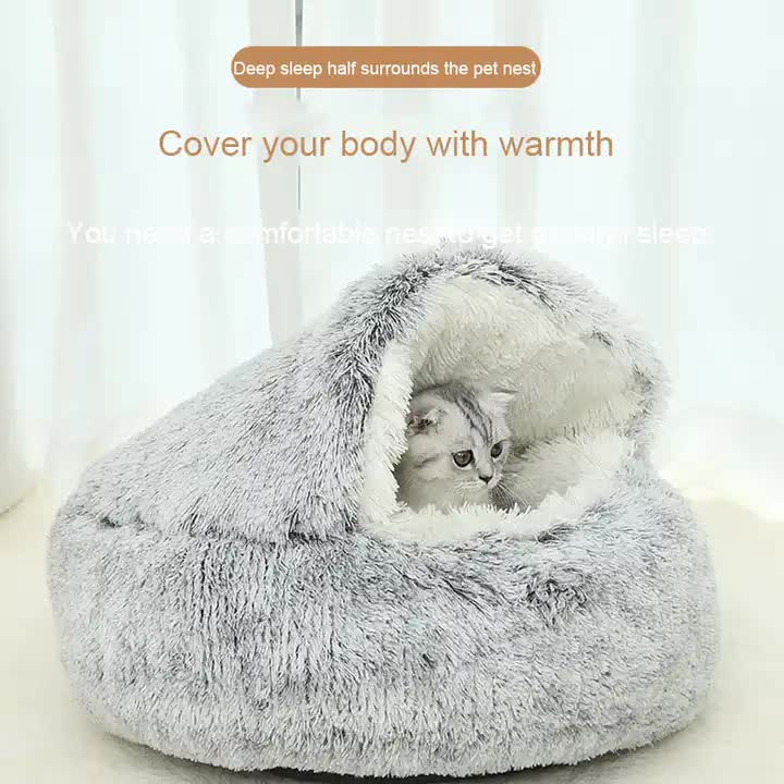Cozy Coffee Plush Hooded Pet Bed - Ultra Soft Long Fur Cave Bed for Small Pets 50cm V888-ELOSUNG11041