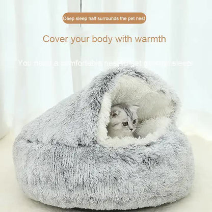 Cozy Coffee Plush Hooded Pet Bed - Ultra Soft Long Fur Cave Bed for Small Pets 50cm V888-ELOSUNG11041