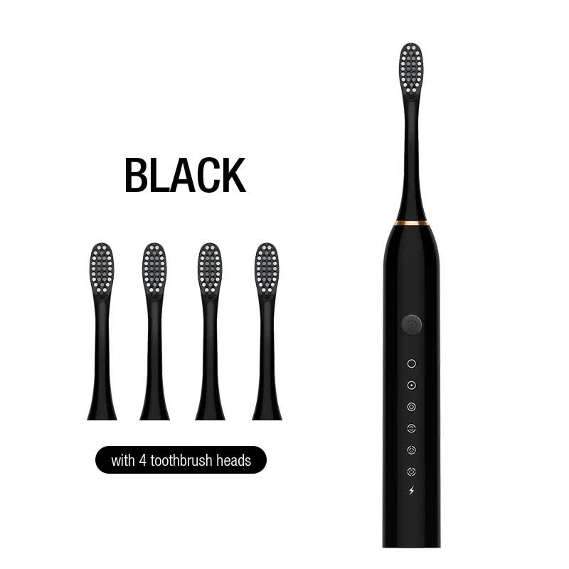 X-3 Sonic Electric Toothbrush, 4 Replacement Brush Heads, and USB Charging Cable - Sleek Black Design V888-ELOSUNG11064