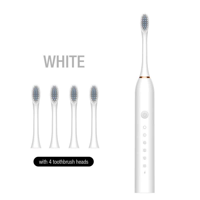 X-3 Sonic Electric Toothbrush, 4 Replacement Brush Heads, and USB Charging Cable - Sleek White Design V888-ELOSUNG11065