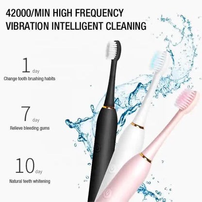 X-3 Sonic Electric Toothbrush, 4 Replacement Brush Heads, and USB Charging Cable - Sleek White Design V888-ELOSUNG11065