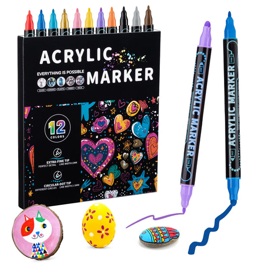 Dual-Tip Acrylic Marker Set - 1-5mm Round Tip & 1mm Fine Tip for Art and Craft Projects 12 colors V888-ELOSUNG11113