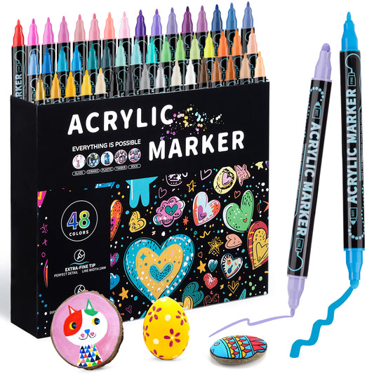 Dual-Tip Acrylic Marker Set - 1-5mm Round Tip & 1mm Fine Tip for Art and Craft Projects 48 colors V888-ELOSUNG11116