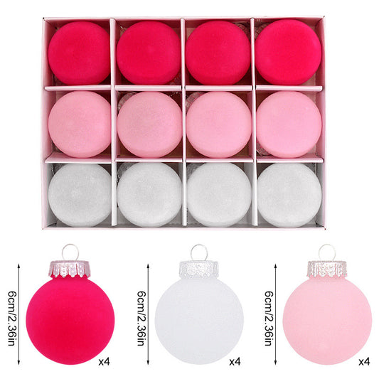 12-Piece Velvet Christmas Ornament Set - Classic Red, Pink, and White Baubles for Holiday Tree Decoration V888-ELOSUNG11209
