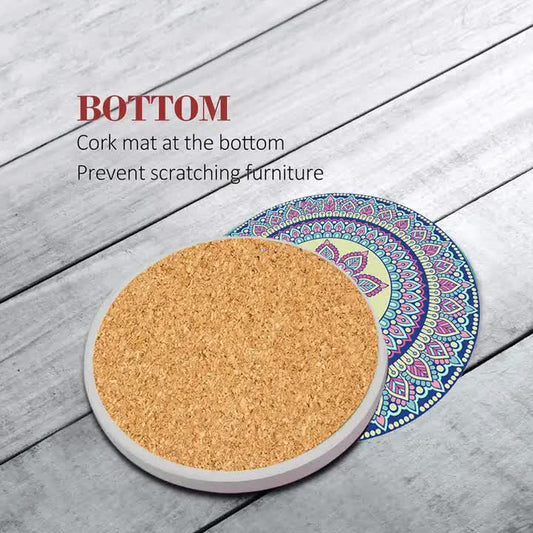Set of 6 Mandala Ceramic Drink Coasters - Absorbent, Non-Slip Coasters for Coffee Table and Home Decor 10.4cm V888-ELOSUNG11270